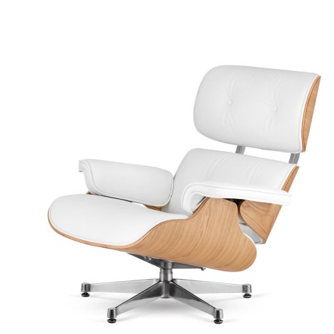 Fotel Lucera insp. Lounge Chair Biała Skóra Jasny dąb Chromowana