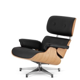 Fotel Lucera insp. Lounge Chair Czarna Skóra Jasny dąb Chromowana