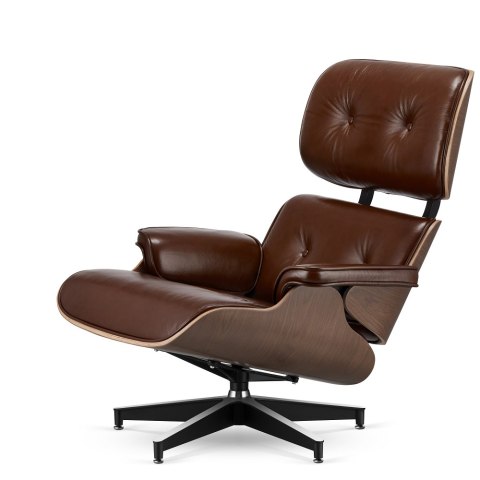 Fotel Lucera XL insp. Lounge Chair Brązowa Skóra Jasny orzech Czarna z chromowanymi grzbietami