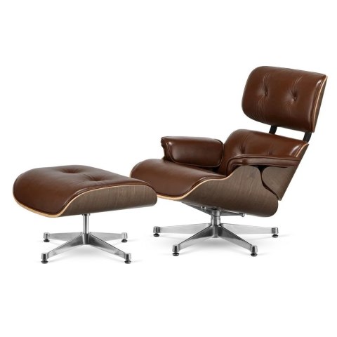 Fotel Lucera XL z podnóżkiem insp. Lounge Chair Brązowa Skóra Jasny orzech Chromowana