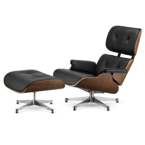 Fotel Lucera XL z podnóżkiem insp. Lounge Chair Czarna Skóra Ciemny orzech Chromowana