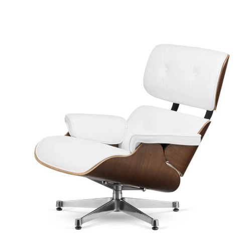 Fotel Lucera insp. Lounge Chair Biała Skóra Ciemny orzech Chromowana