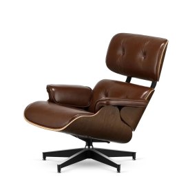 Fotel Lucera insp. Lounge Chair Brązowa skóra Ciemny orzech Czarna z chromowanymi grzbietami