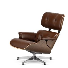 Fotel Lucera insp. Lounge Chair Brązowa skóra Jasny orzech Chromowana