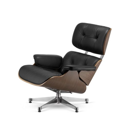 Fotel Lucera insp. Lounge Chair Czarna Skóra Jasny orzech Chromowana