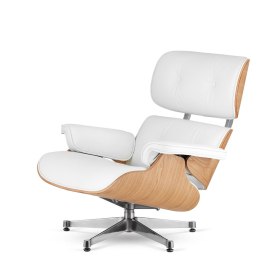 Fotel Lucera XL z podnóżkiem insp. Lounge Chair Biała Skóra Jasny dąb Chromowana