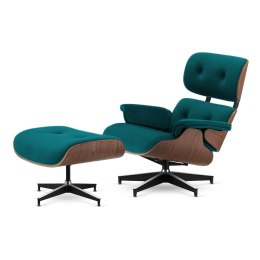 Fotel Lucera z podnóżkiem insp. Lounge Chair Velvet Morski (SWAN-17) Ciemny orzech Czarna z chromowanymi grzbietami