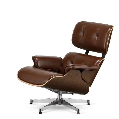 Fotel Lucera insp. Lounge Chair Brązowa skóra Ciemny orzech Chromowana