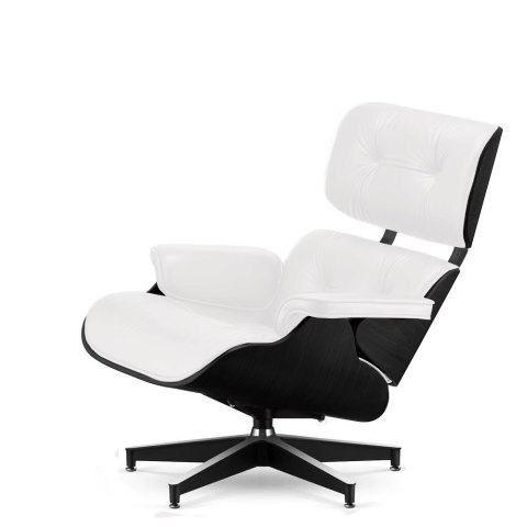 Fotel Lucera XL insp. Lounge Chair Biała Skóra Czarny dąb Czarna z chromowanymi grzbietami