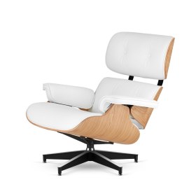 Fotel Lucera XL insp. Lounge Chair Biała Skóra Jasny dąb Czarna z chromowanymi grzbietami