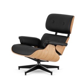 Fotel Lucera XL insp. Lounge Chair Czarna Skóra Jasny dąb Czarna z chromowanymi grzbietami