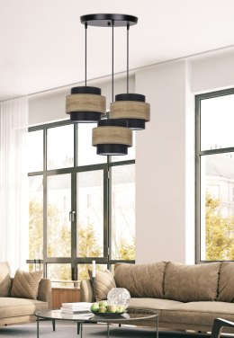 TWIN LAMPA WISZĄCA CZARNY TALERZ 3X40W E27 ABAŻUR CZARNY+DREWNIANY